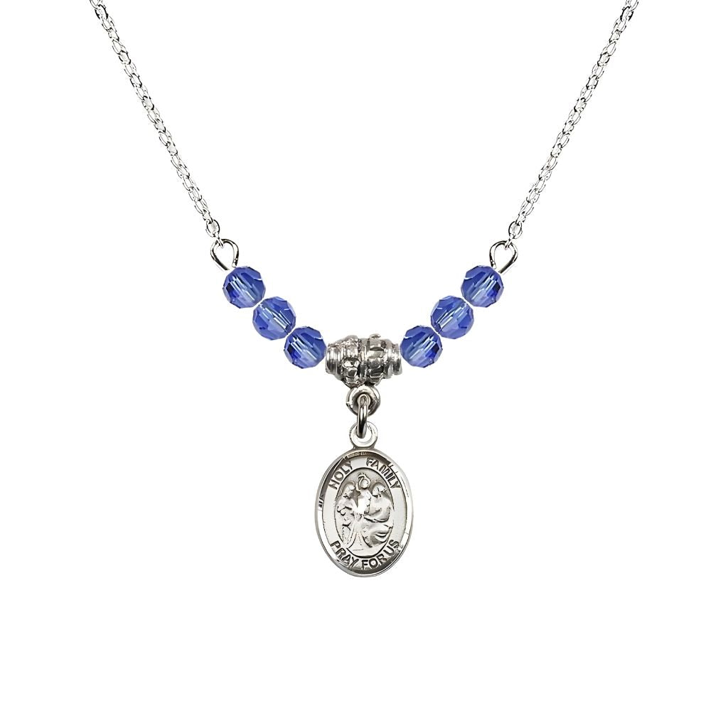 Bliss Holy Family Sterling Silver Charm Beaded Necklace with 18" Plated Chain in 4mm Austrian Crystal Sapphire Beads