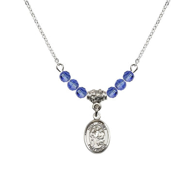 Holy Family Sterling Silver Charm Beaded Necklace with 18" Plated Chain in 4mm Austrian Crystal Sapphire Beads, Bliss Manufacturing