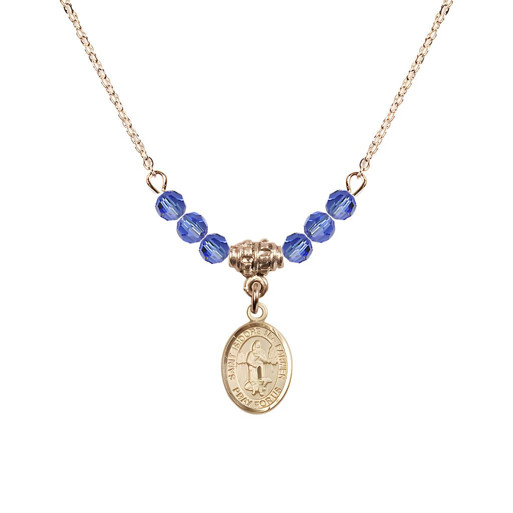 Bliss St. Isidore the Farmer Oval 14kt Gold-filled 4mm Sapphire Austrian Crystal Beaded Necklace, Measures 1/2-inch by 1/4-inch, Gift Box.