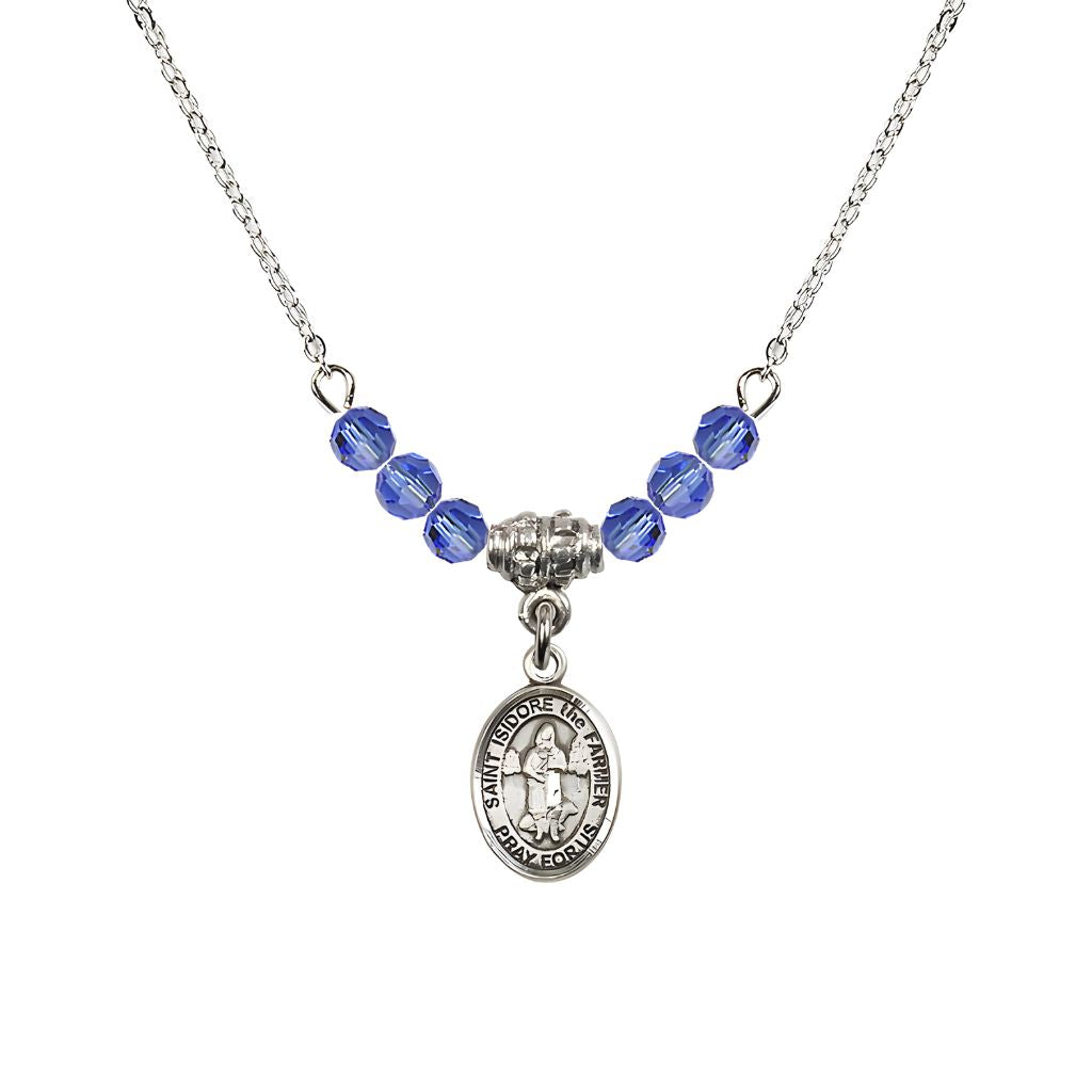 Bliss St. Isidore the Farmer Oval Sterling Silver 4mm Sapphire Austrian Crystal Beaded Necklace, Measures 1/2-inch by 1/4-inch, Gift Box.