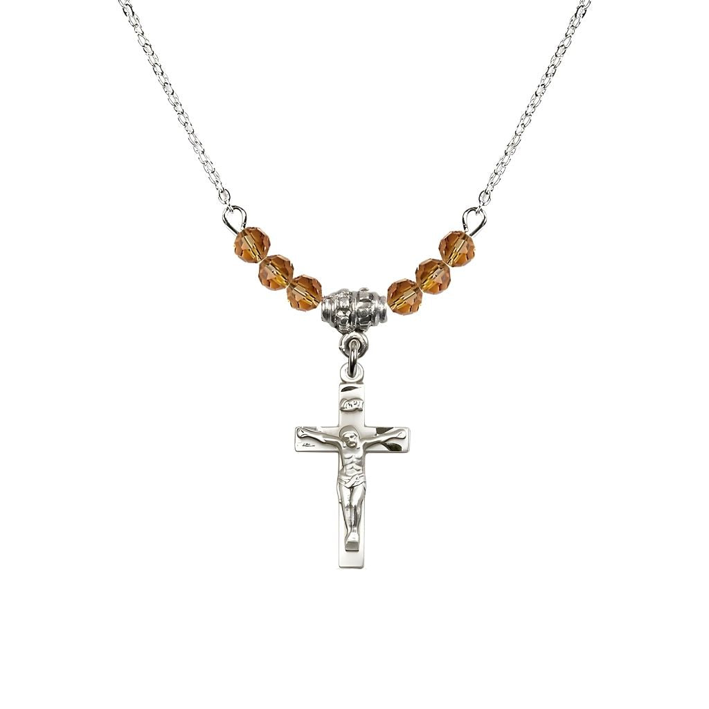 Bliss Pewter Holy Communion Crucifix Topaz Beaded Necklace, Measures 1/2-inch tall by 3/8-inch wide