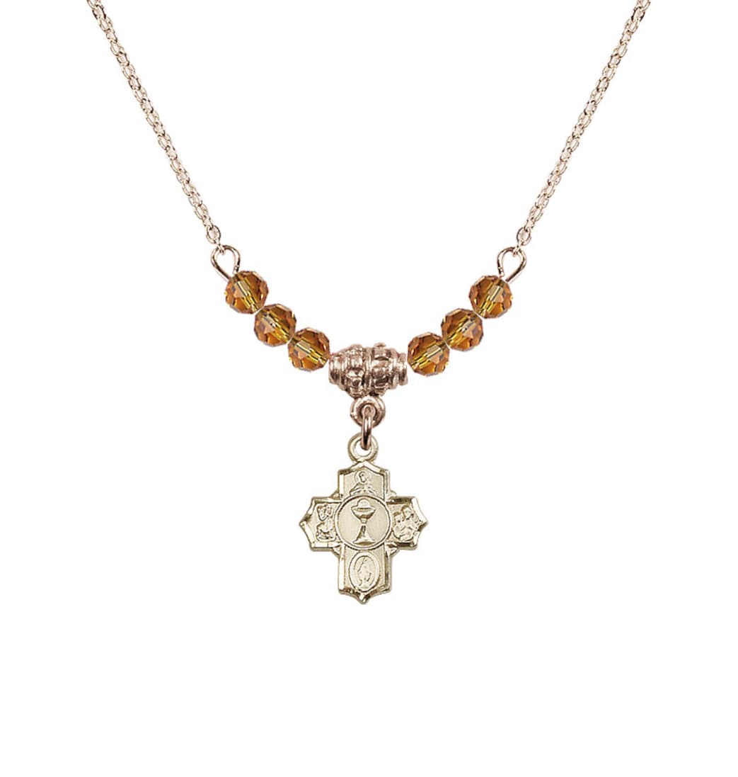 Bliss Gold-plated Communion 5-Way Cross Topaz Beaded Necklace, Measures 1/2-inch tall by 3/8-inch wide