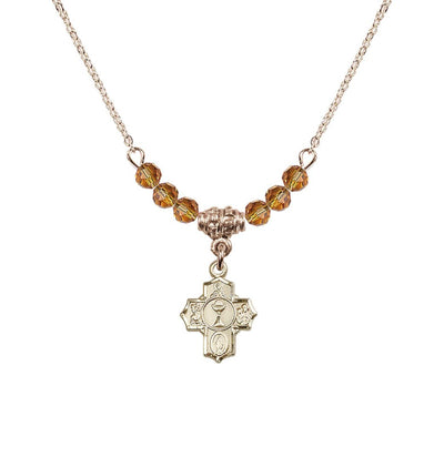 Gold-plated Communion 5-Way Cross Topaz Beaded Necklace, Measures 1/2-inch tall by 3/8-inch wide, Bliss Manufacturing
