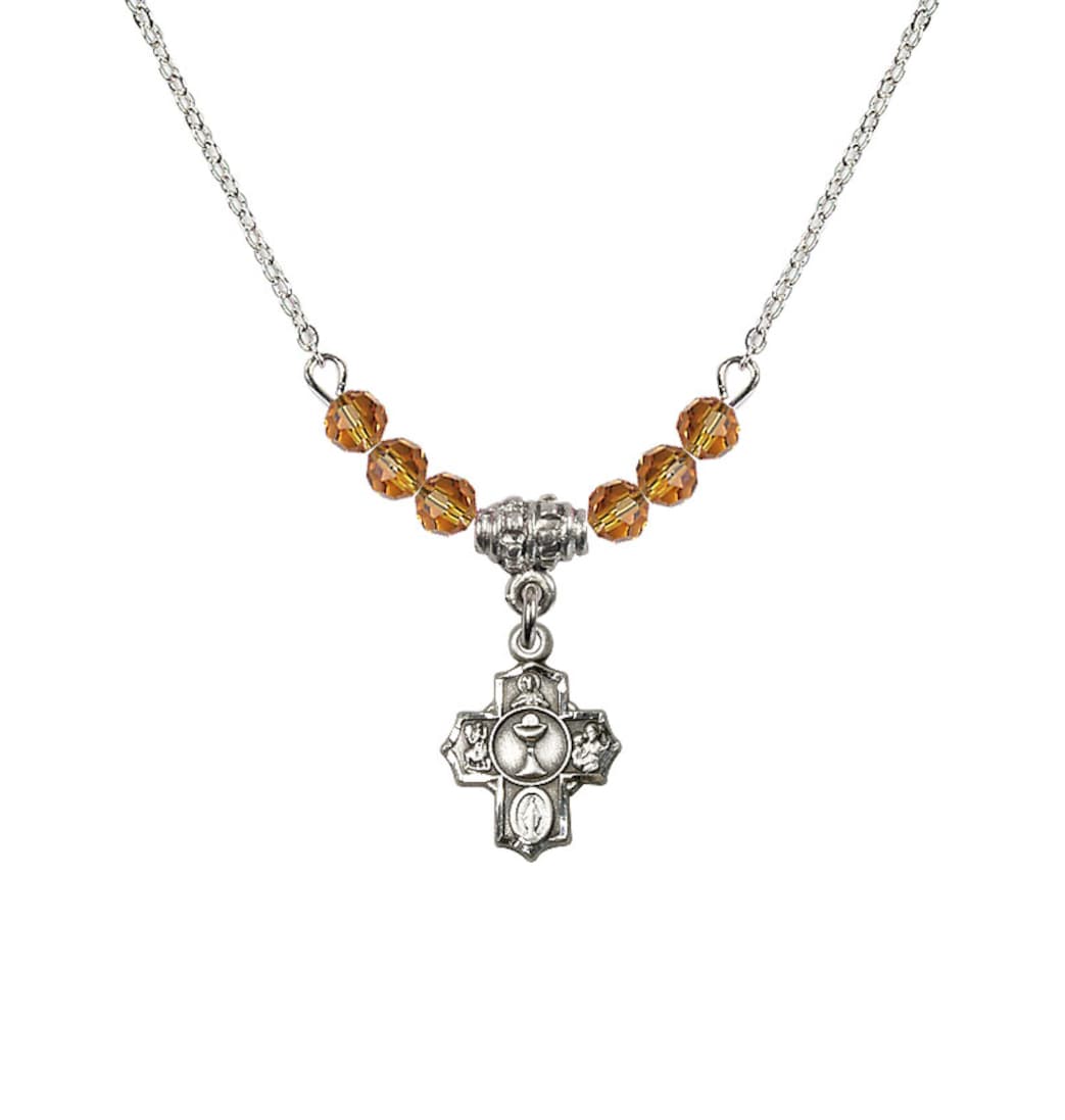 Bliss Pewter Communion 5-Way Cross Topaz Beaded Necklace, Measures 1/2-inch tall by 3/8-inch wide