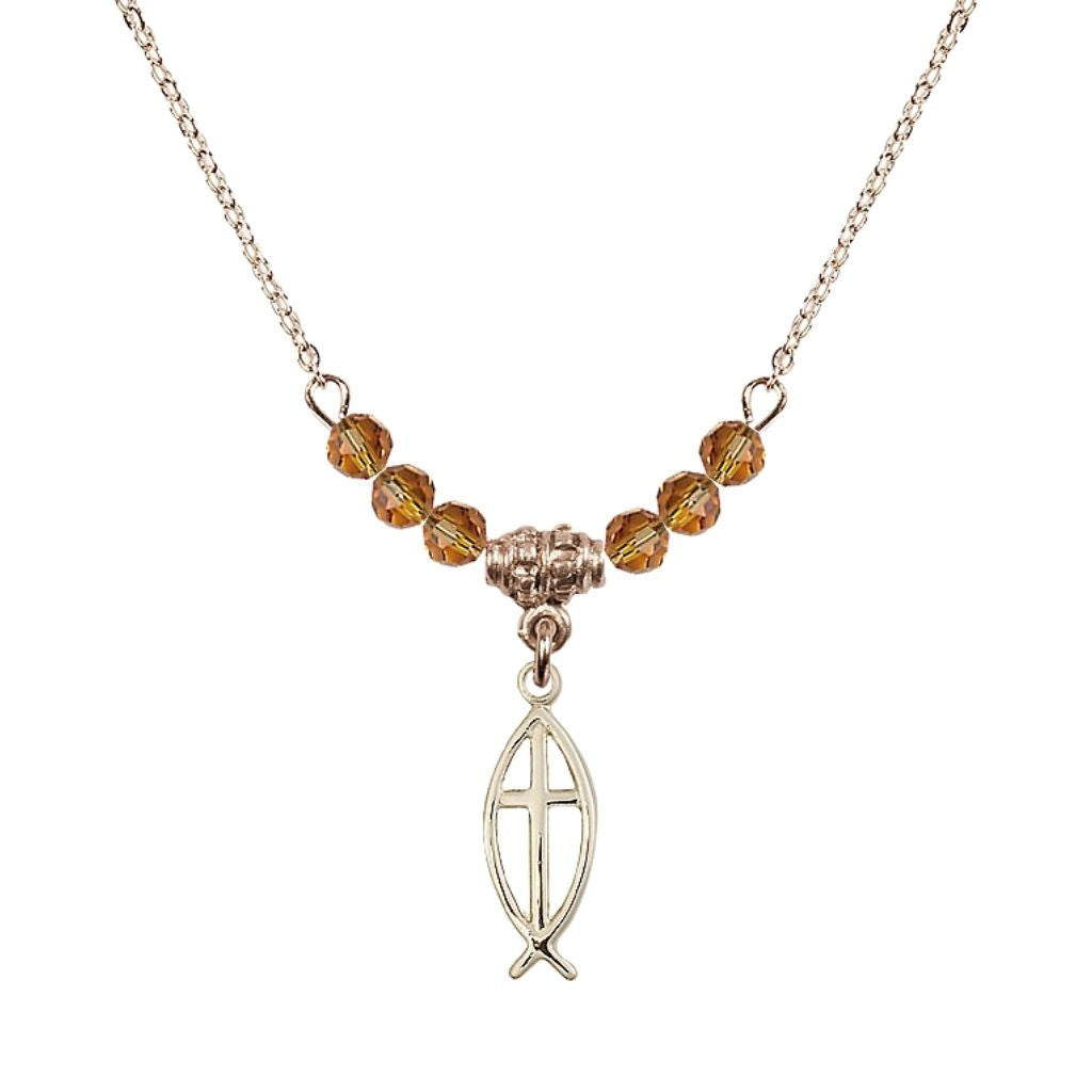 Bliss Fish Cross Gold-filled 4mm Crystal Beaded Necklace with Chain in Topaz, Medal Measures 3/4 inch tall by 1/4 inch wide