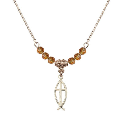 Fish Cross Gold-filled 4mm Crystal Beaded Necklace with Chain in Topaz, Medal Measures 3/4 inch tall by 1/4 inch wide, Bliss Manufacturing