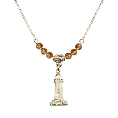 November-Topaz Gold-filled Lighthouse Beaded Necklace, Medal Measures 3/4-inch tall by 3/8-inch wide, Bliss Manufacturing