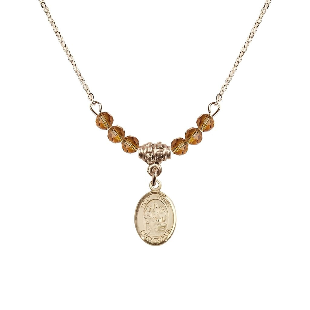Bliss Holy Family 14kt Gold-filled Charm Beaded Necklace with 18" Gold-plated Chain in 4mm Austrian Crystal Topaz Beads