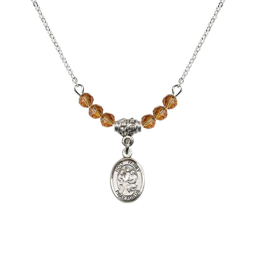 Bliss Holy Family Sterling Silver Charm Beaded Necklace with 18" Plated Chain in 4mm Austrian Crystal Topaz Beads