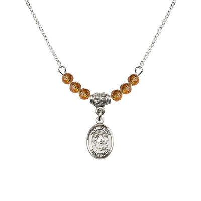 Holy Family Sterling Silver Charm Beaded Necklace with 18" Plated Chain in 4mm Austrian Crystal Topaz Beads, Bliss Manufacturing