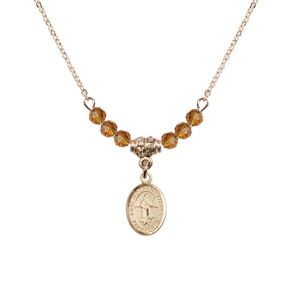 Bliss St. Isidore the Farmer Oval 14kt Gold-filled 4mm Topaz Austrian Crystal Beaded Necklace, Measures 1/2-inch by 1/4-inch, Gift Box.
