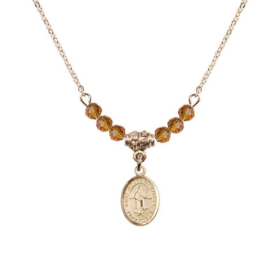 St. Isidore the Farmer Oval 14kt Gold-filled 4mm Topaz Austrian Crystal Beaded Necklace, Measures 1/2-inch by 1/4-inch, Gift Box, Bliss Manufacturing