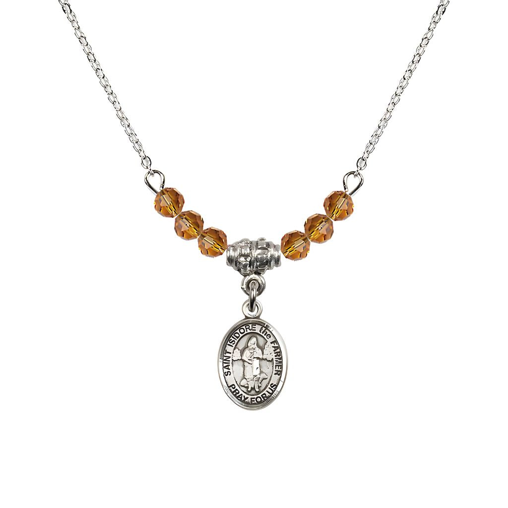 iss St. Isidore the Farmer Oval Sterling Silver 4mm Topaz Austrian Crystal Beaded Necklace, Measures 1/2-inch by 1/4-inch, Gift Box.