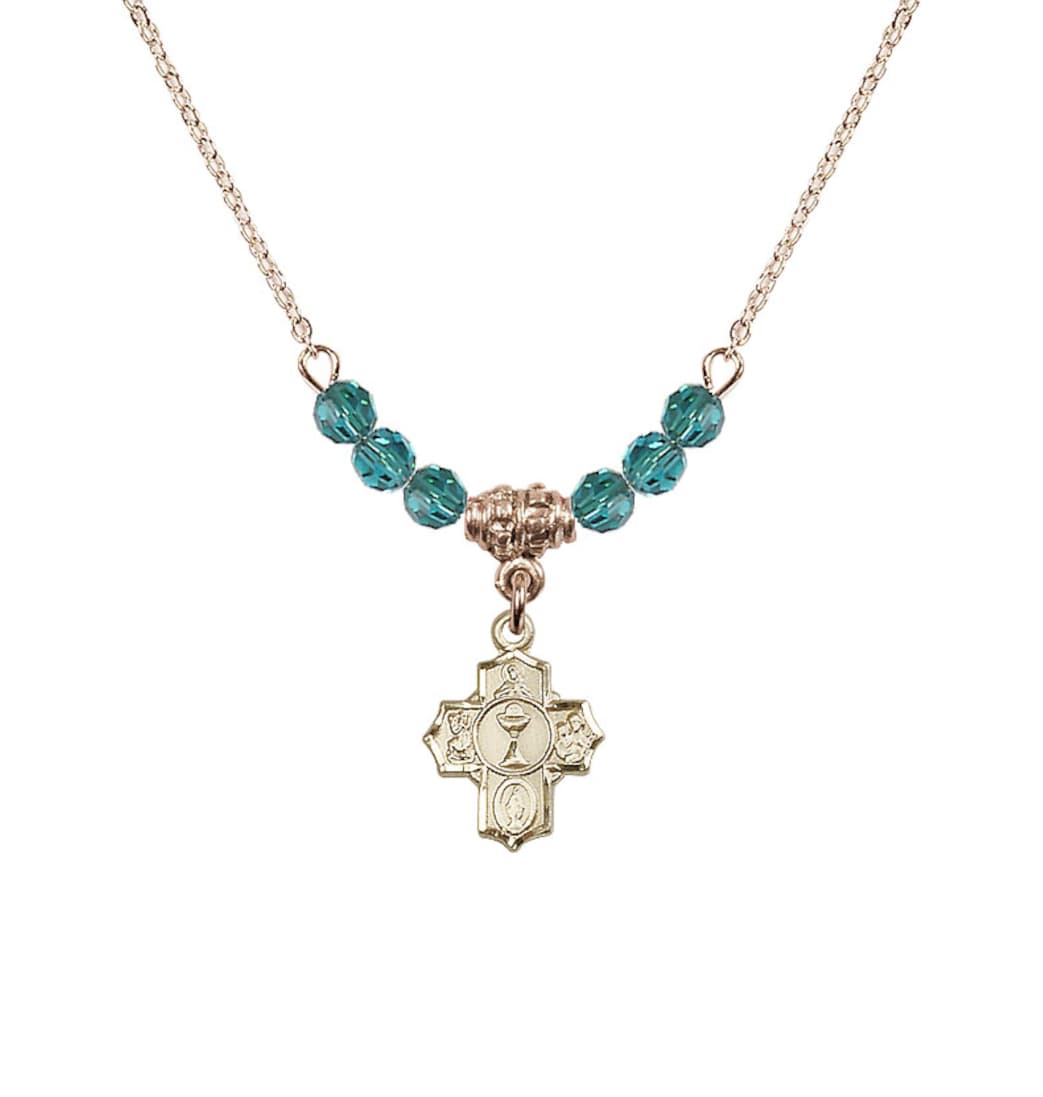 Bliss Gold-plated Communion 5-Way Cross Zircon Beaded Necklace, Measures 1/2-inch tall by 3/8-inch wide