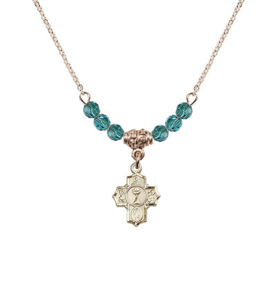 Gold-plated Communion 5-Way Cross Zircon Beaded Necklace, Measures 1/2-inch tall by 3/8-inch wide, Bliss Manufacturing