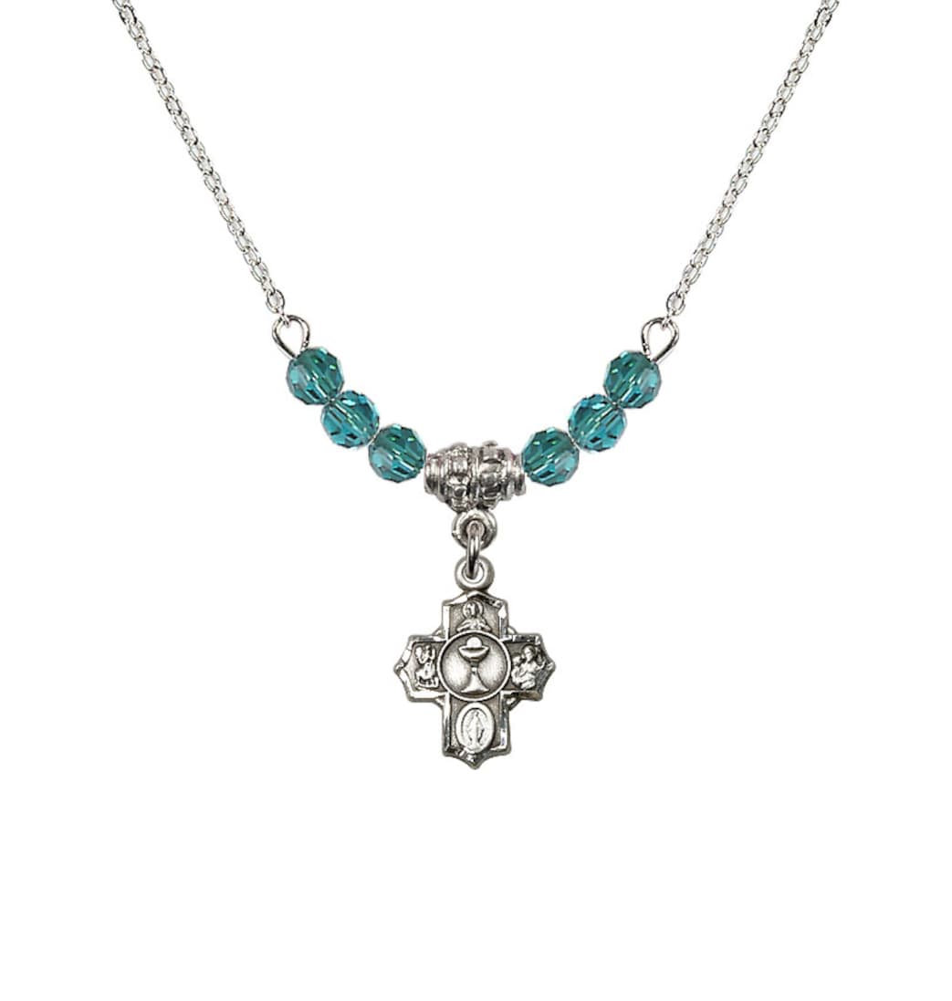 Bliss Pewter Communion 5-Way Cross Zircon Beaded Necklace, Measures 1/2-inch tall by 3/8-inch wide