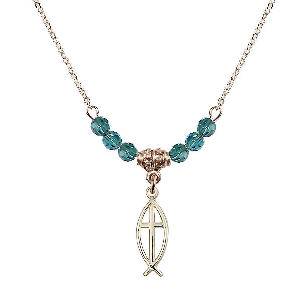 Bliss Fish Cross Gold-filled 4mm Crystal Beaded Necklace with Chain in Zircon, Medal Measures 3/4 inch tall by 1/4 inch wide