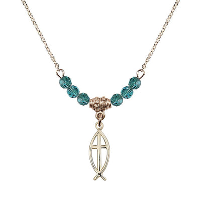 Fish Cross Gold-filled 4mm Crystal Beaded Necklace with Chain in Zircon, Medal Measures 3/4 inch tall by 1/4 inch wide, Bliss Manufacturing