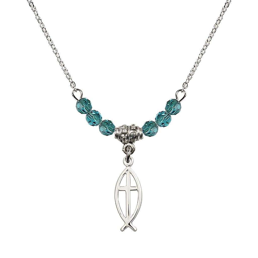 Bliss Fish Cross Crystal Birthstone Necklace with Chain in Zircon, 3/4 inch tall by 1/4 inch wide