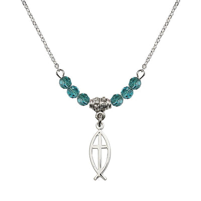 Fish Cross Crystal Birthstone Necklace with Chain in Zircon, 3/4 inch tall by 1/4 inch wide, Bliss Manufacturing