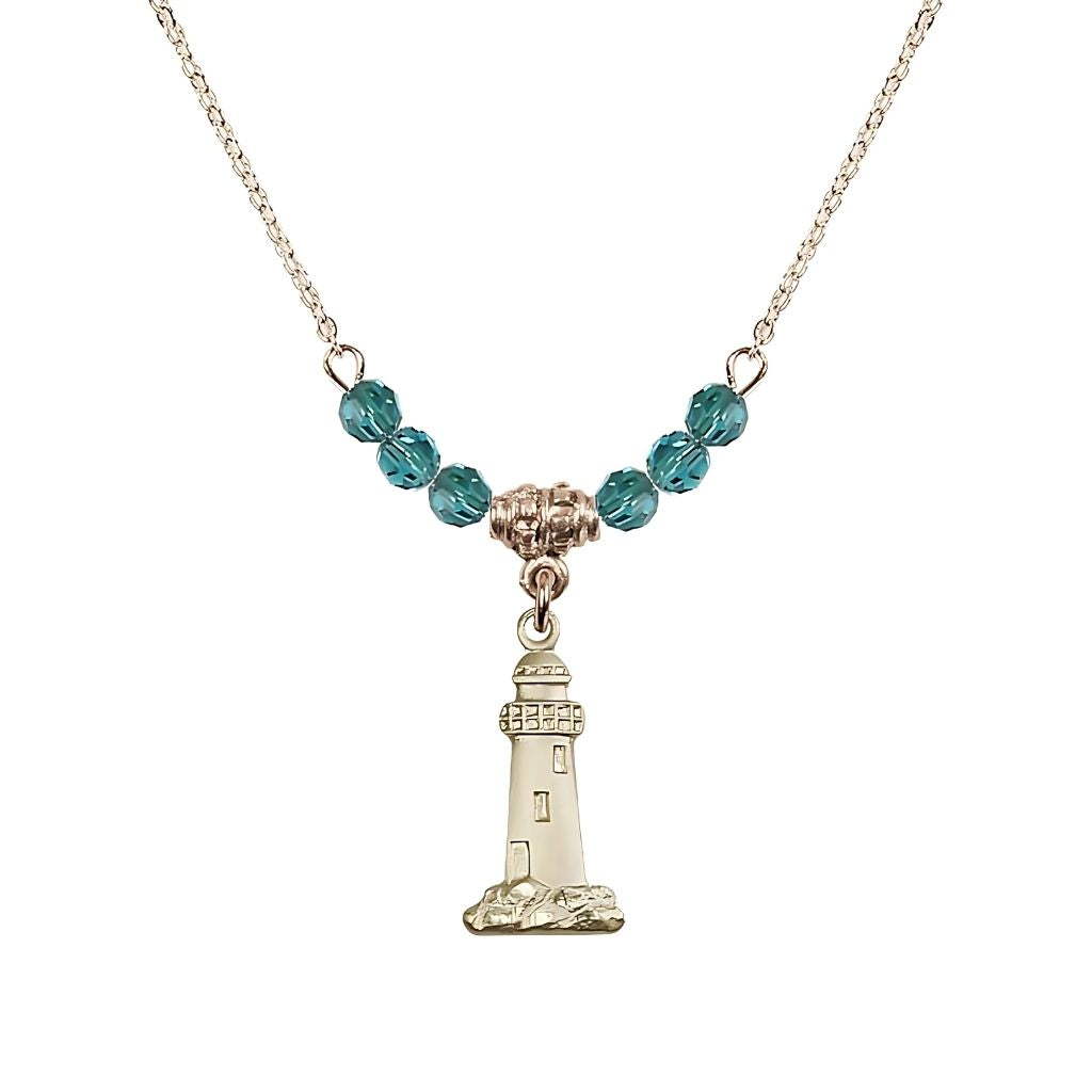 Bliss December-Zircon Gold-filled Lighthouse Beaded Necklace, Medal Measures 3/4-inch tall by 3/8-inch wide