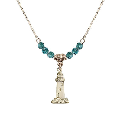 December-Zircon Gold-filled Lighthouse Beaded Necklace, Medal Measures 3/4-inch tall by 3/8-inch wide, Bliss Manufacturing