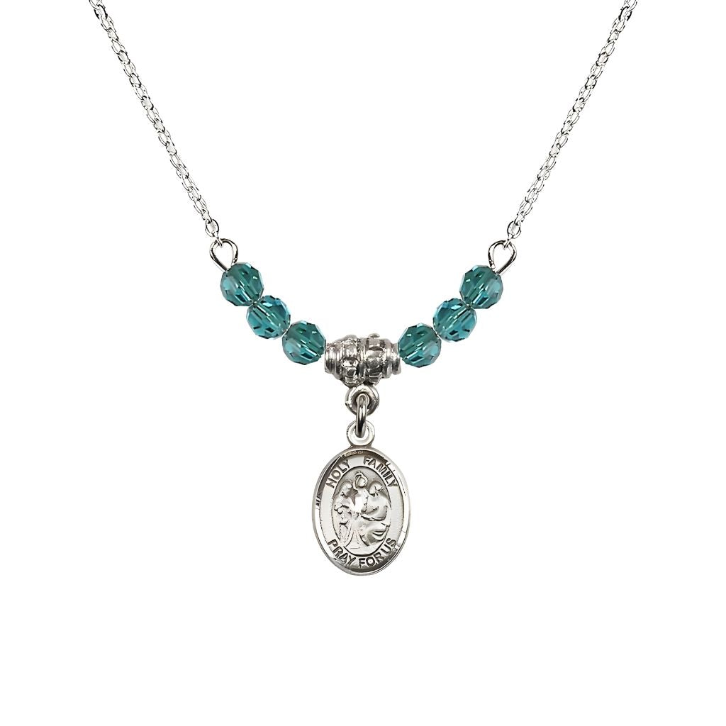 Bliss Holy Family Sterling Silver Charm Beaded Necklace with 18" Plated Chain in 4mm Austrian Crystal Zircon Beads