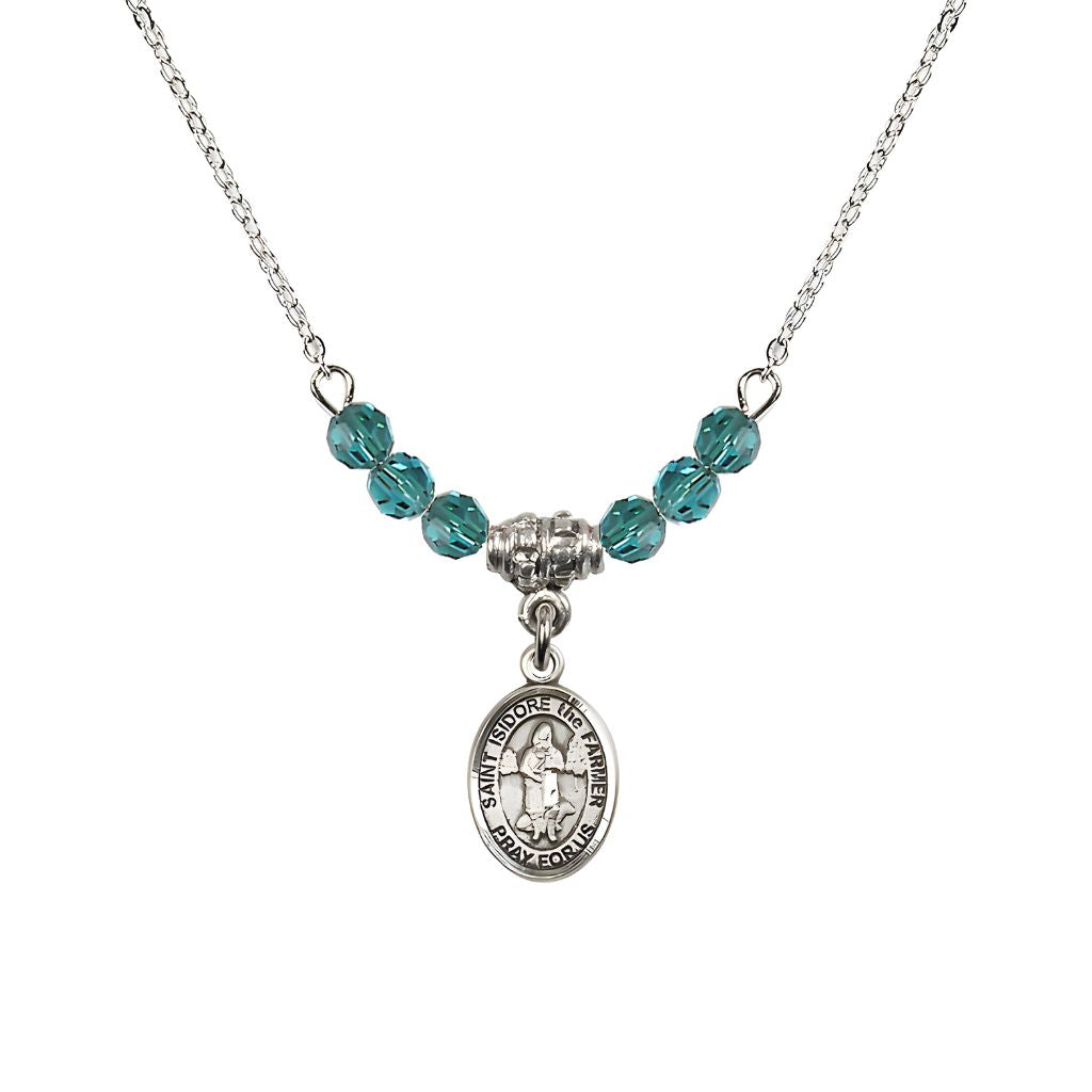 Bliss St. Isidore the Farmer Oval Sterling Silver 4mm Zircon Austrian Crystal Beaded Necklace, Measures 1/2-inch by 1/4-inch, Gift Box.