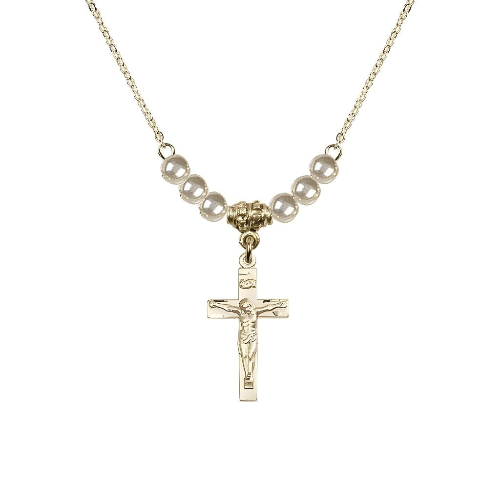Bliss Gold-plated Holy Communion Crucifix Faux Pearl Crystal Beaded Necklace, Measures 1/2-inch tall by 3/8-inch wide
