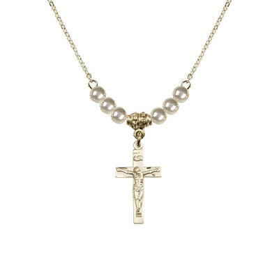 Gold-plated Holy Communion Crucifix Faux Pearl Crystal Beaded Necklace, Measures 1/2-inch tall by 3/8-inch wide, Bliss Manufacturing