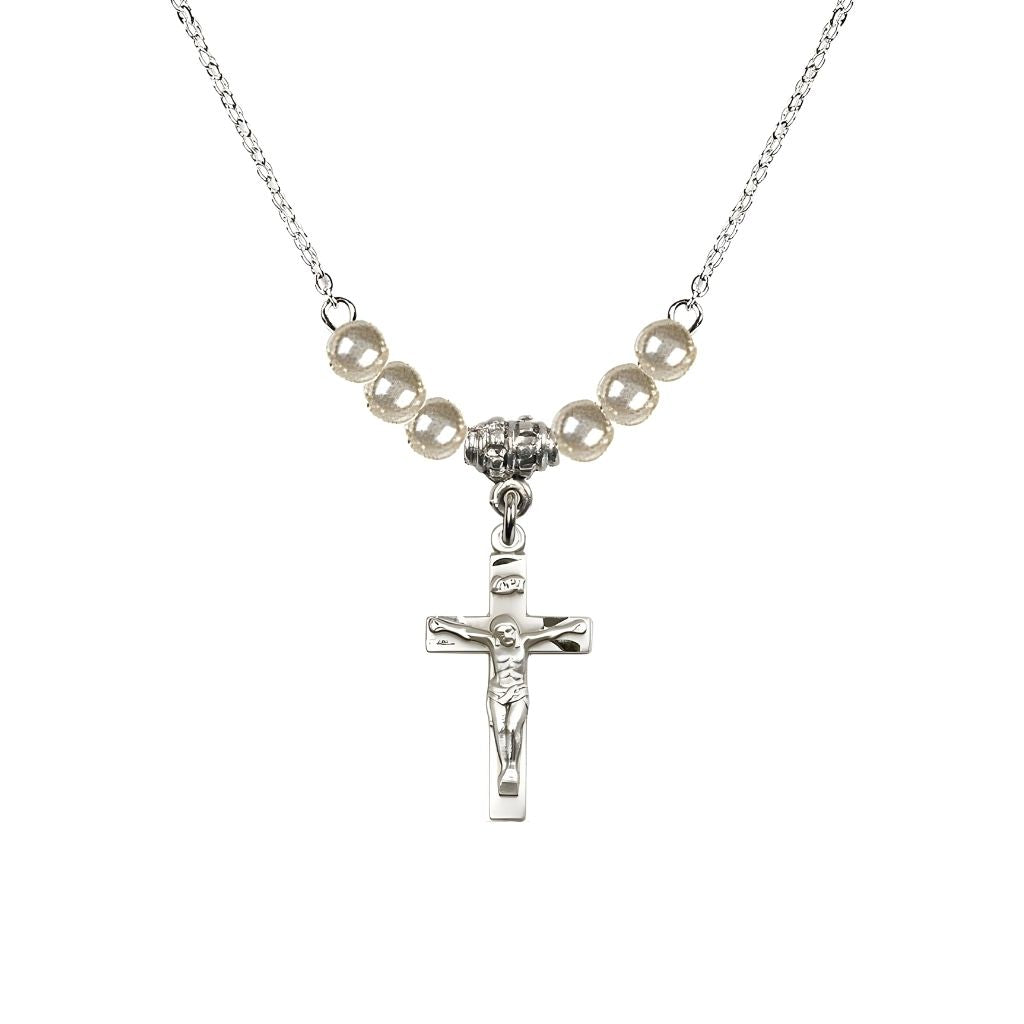 Bliss Pewter Holy Communion Crucifix Faux Pearl Crystal Beaded Necklace, Measures 1/2-inch tall by 3/8-inch wide