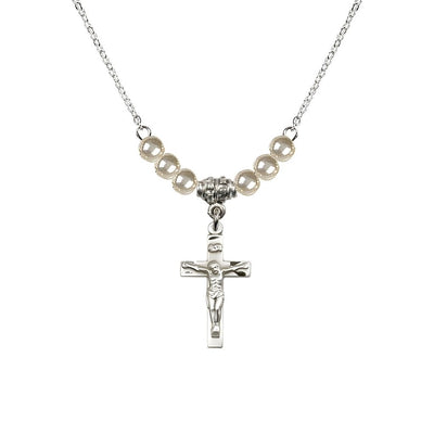 Pewter Holy Communion Crucifix Faux Pearl Crystal Beaded Necklace, Measures 1/2-inch tall by 3/8-inch wide, Bliss Manufacturing