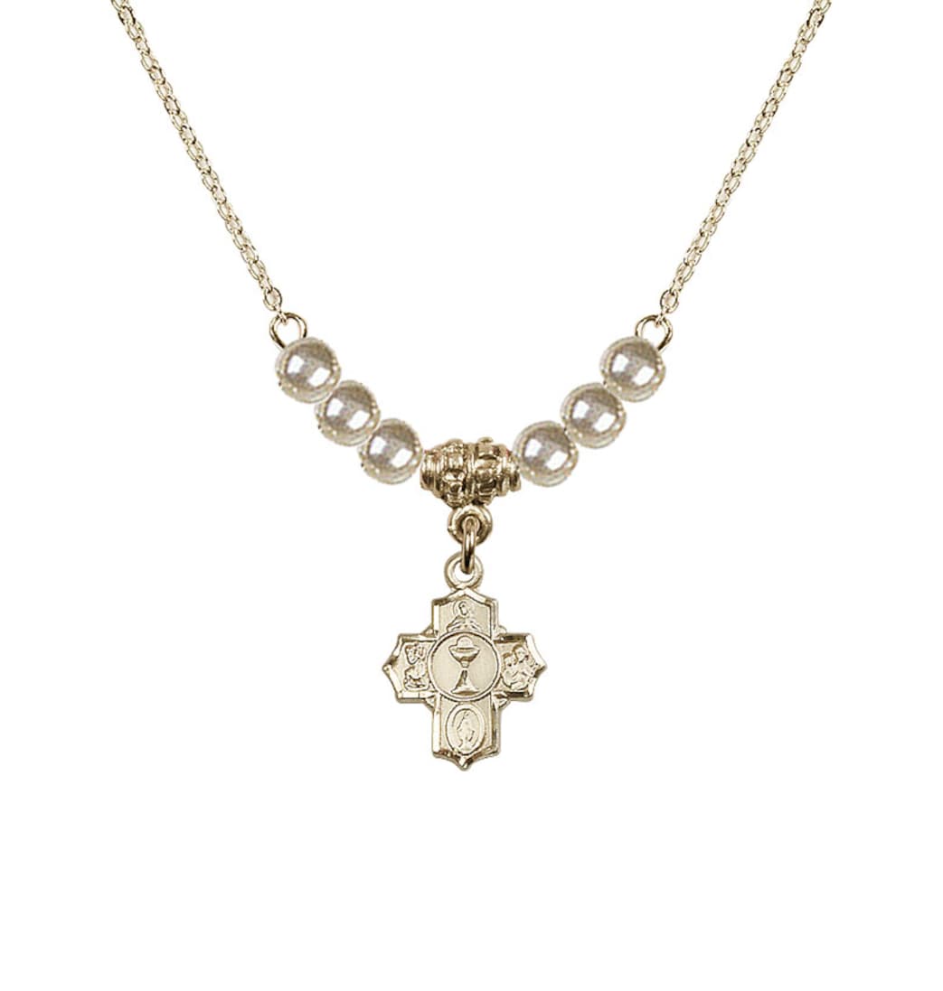 Bliss Gold-plated Communion 5-Way Cross Faux Pearl Beaded Necklace, Measures 1/2-inch tall by 3/8-inch wide