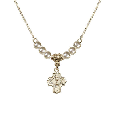 Gold-plated Communion 5-Way Cross Faux Pearl Beaded Necklace, Measures 1/2-inch tall by 3/8-inch wide, Bliss Manufacturing
