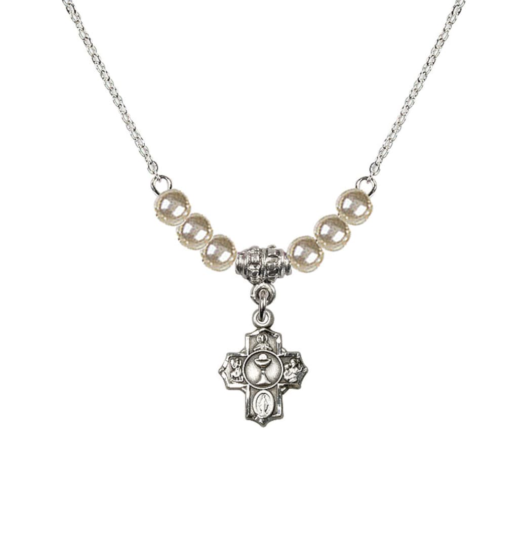 Bliss Pewter Communion 5-Way Cross Faux Pearl Crystal Beaded Necklace, Measures 1/2-inch tall by 3/8-inch wide