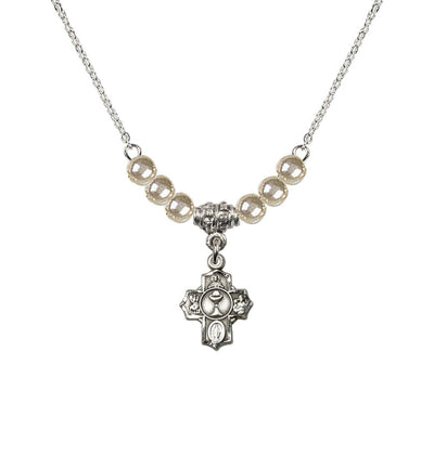 Pewter Communion 5-Way Cross Faux Pearl Crystal Beaded Necklace, Measures 1/2-inch tall by 3/8-inch wide, Bliss Manufacturing