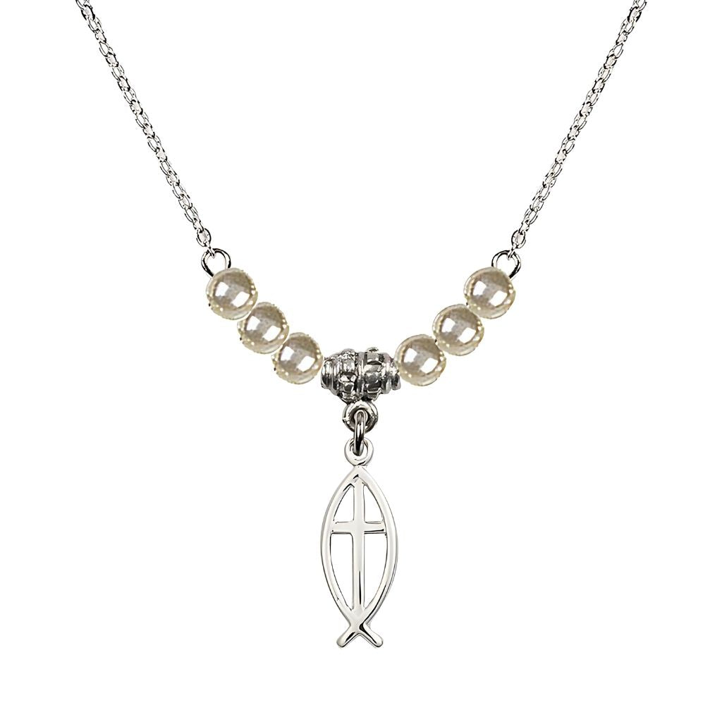 Bliss Fish Cross Faux Pearl Necklace with Chain, 3/4 inch tall by 1/4 inch wide