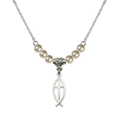 Fish Cross Faux Pearl Necklace with Chain, 3/4 inch tall by 1/4 inch wide, Bliss Manufacturing
