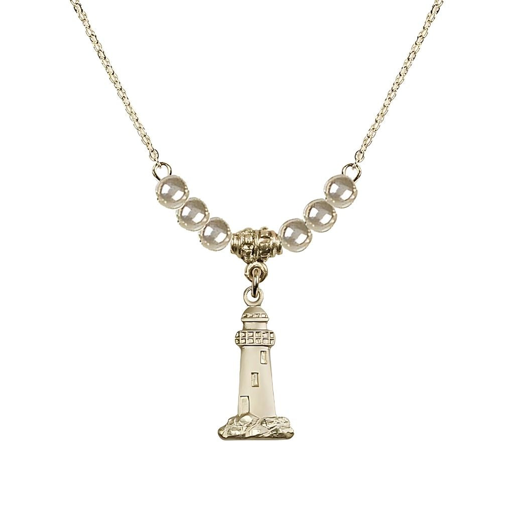 Bliss Faux Pearl Gold-filled Lighthouse Beaded Necklace, Medal Measures 3/4-inch tall by 3/8-inch wide