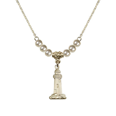 Faux Pearl Gold-filled Lighthouse Beaded Necklace, Medal Measures 3/4-inch tall by 3/8-inch wide, Bliss Manufacturing
