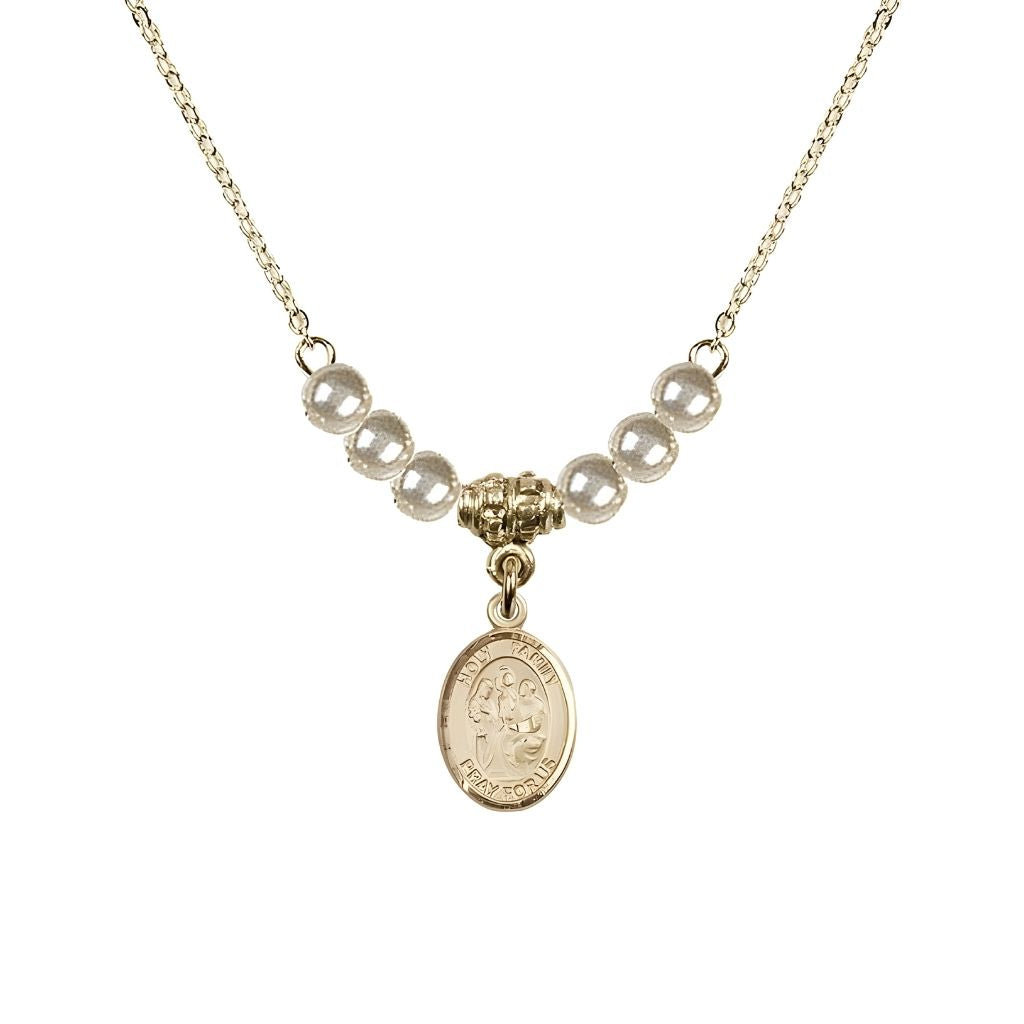 Bliss Holy Family 14kt Gold-filled Charm Beaded Necklace with 18" Gold-plated Chain in 4mm Austrian Crystal Faux Pearl Beads
