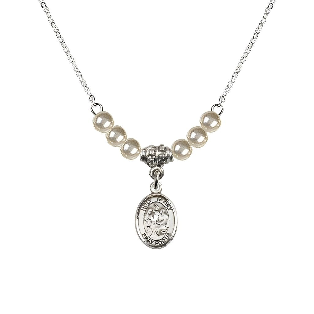Bliss Holy Family Sterling Silver Charm Beaded Necklace with 18" Plated Chain in 4mm Austrian Crystal Faux Pearls Beads