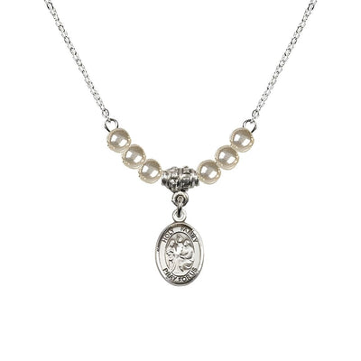 Holy Family Sterling Silver Charm Beaded Necklace with 18" Plated Chain in 4mm Austrian Crystal Faux Pearls Beads, Bliss Manufacturing