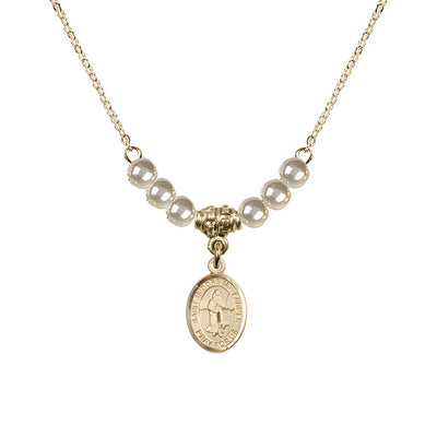 St. Isidore the Farmer Oval 14kt Gold-filled 4mm Faux Pearl Crystal Austrian Crystal Beaded Necklace, Measures 1/2-inch by 1/4-inch, Gift Box, Bliss Manufacturing