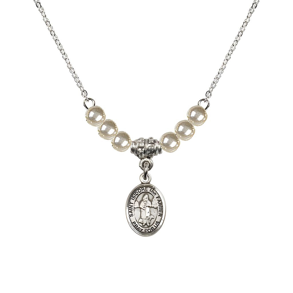 Bliss St. Isidore the Farmer Oval Sterling Silver 4mm Faux Pearl Crystal Austrian Crystal Beaded Necklace, Measures 1/2-inch by 1/4-inch, Gift Box.