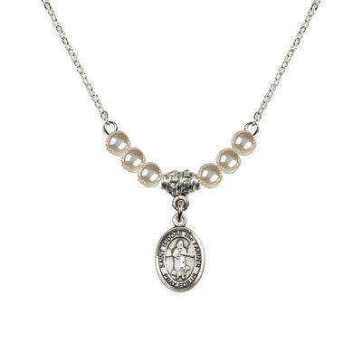 St. Isidore the Farmer Oval Sterling Silver 4mm Faux Pearl Crystal Austrian Crystal Beaded Necklace, Measures 1/2-inch by 1/4-inch, Gift Box, Bliss Manufacturing