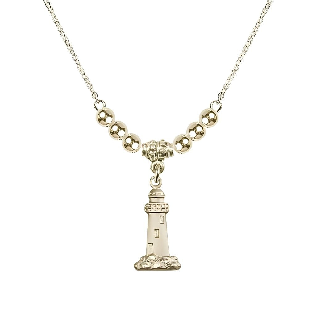 Bliss Gold-filled Gold-filled Lighthouse Beaded Necklace, Medal Measures 3/4-inch tall by 3/8-inch wide