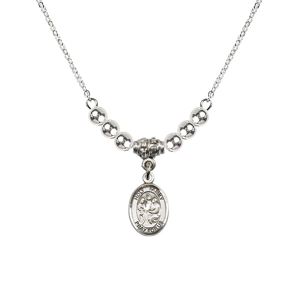 Bliss Holy Family Sterling Silver Charm Beaded Necklace with 18" Plated Chain in 4mm Sterling Silver Beads