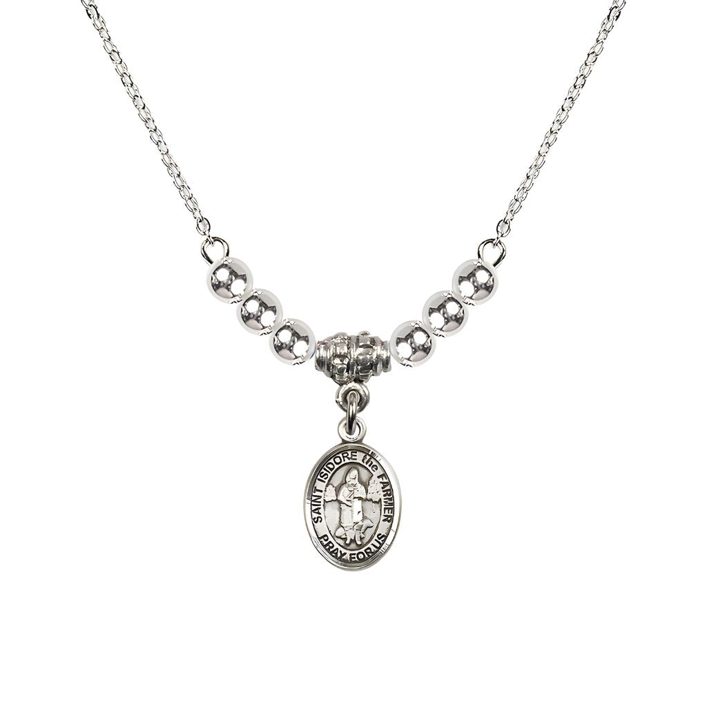 Bliss St. Isidore the Farmer Oval Sterling Silver 4mm Austrian Crystal Beaded Necklace, Measures 1/2-inch by 1/4-inch, Gift Box.