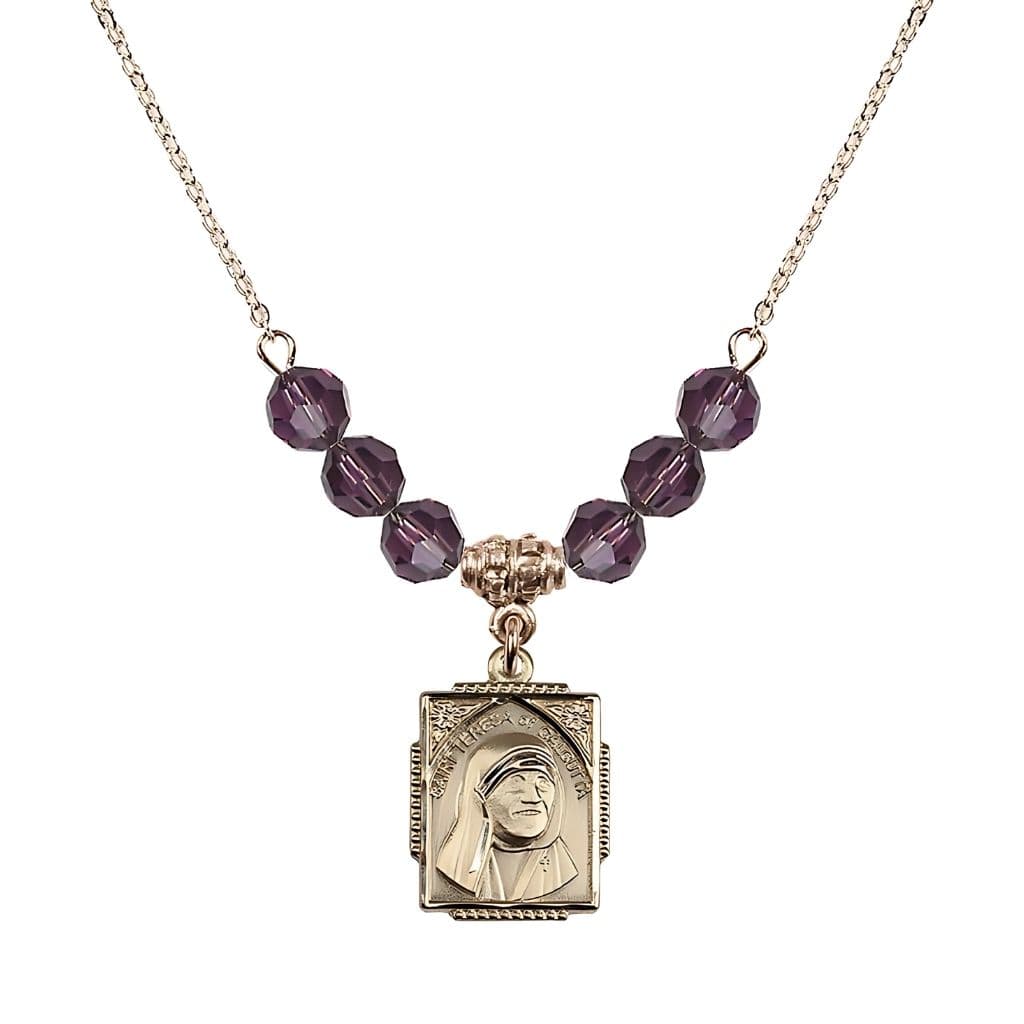 Bliss St. Teresa of Calcutta Square 14kt Gold-filled Amethyst Crystal Birthstone Necklace,